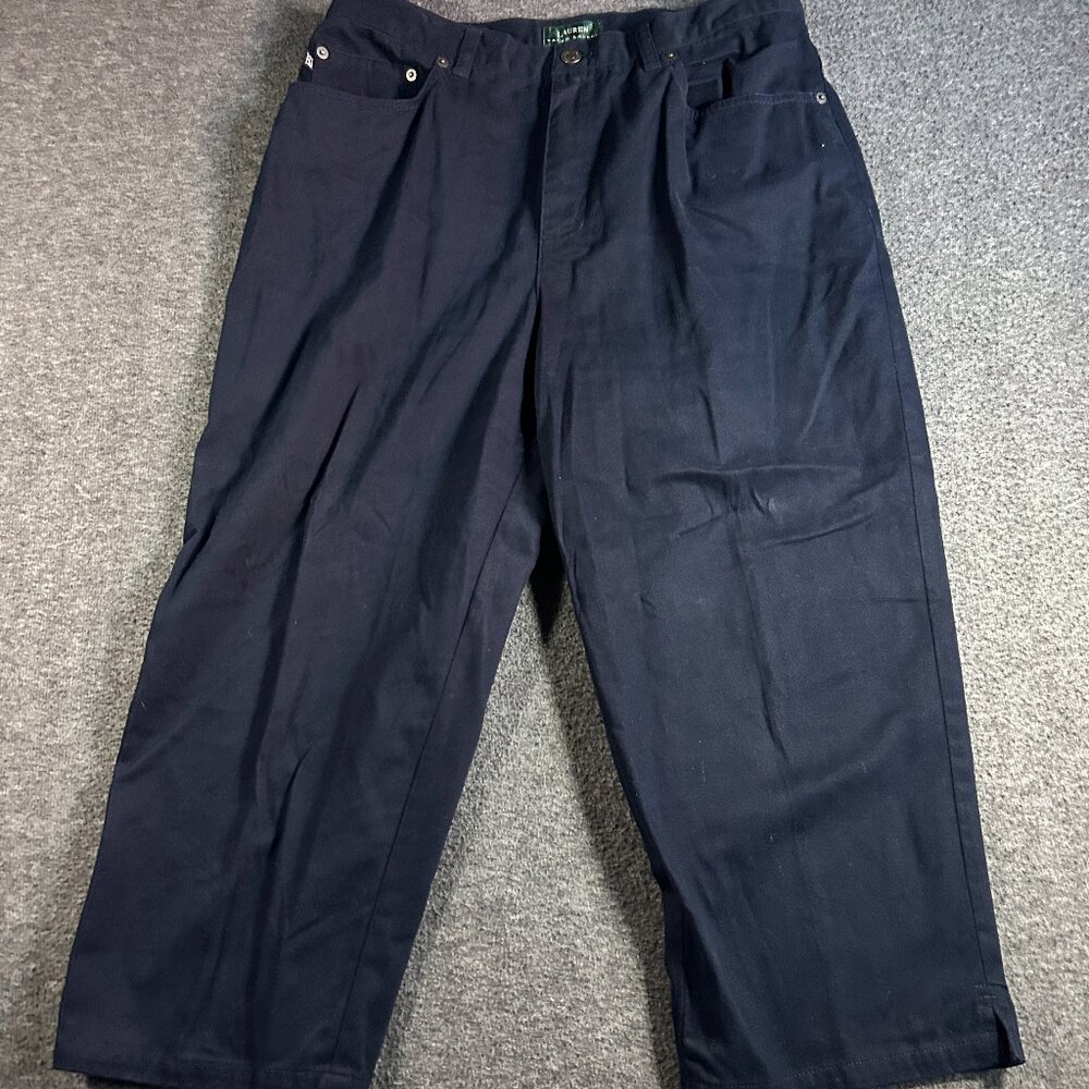 Vintage Ralph Lauren Pants Womens Size 14 Navy 100% Cotton Wide Leg‎ Pleated